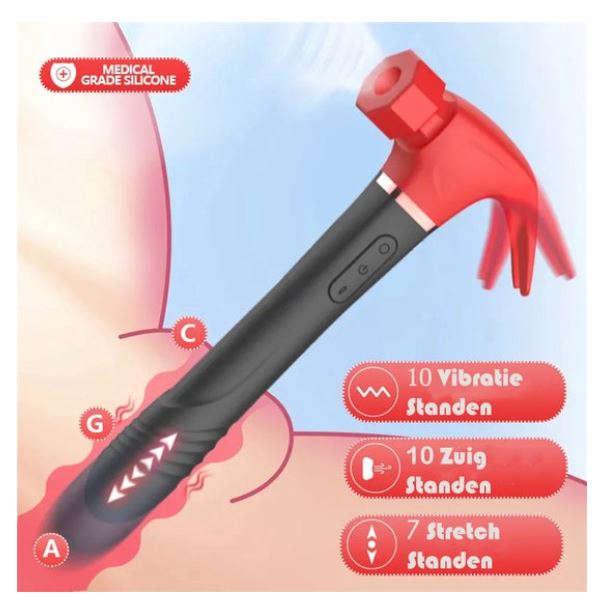Vibrator Hamer met Zuig - Zwart/Rood - Afbeelding 3